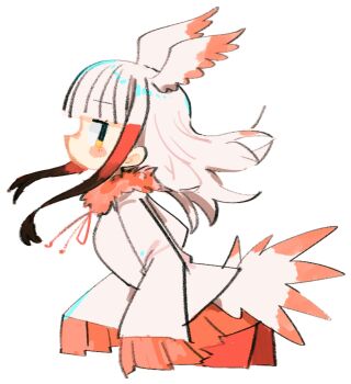 Rule 34 | 1girl, bird girl, bird tail, commentary, from side, fur-trimmed collar, fur trim, head wings, highres, japanese crested ibis (kemono friends), kemono friends, long hair, looking at viewer, multicolored hair, naka (buttergirl 02), profile, red hair, shirt, simple background, sleeves past fingers, sleeves past wrists, solo, tail, two-tone hair, white background, white hair, white shirt, wings