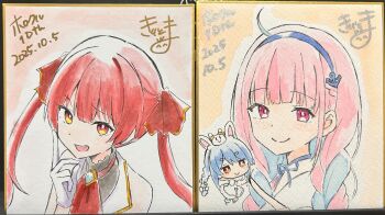 3girls :d absurdres ahoge anchor_hair_ornament animal_ear_fluff animal_ears bare_shoulders blue_hair blue_hairband bow braid cape carrot_hair_ornament chibi closed_mouth dated don-chan_(usada_pekora) dress fang food-themed_hair_ornament fur-trimmed_cape fur_trim gloves hair_bow hair_ornament hair_ribbon hairband highres hololive houshou_marine houshou_marine_(1st_costume) kiritoma minato_aqua mini_person minigirl multicolored_hair multiple_girls on_head open_mouth pekomon_(usada_pekora) photo_(medium) pink_hair purple_eyes rabbit-shaped_pupils rabbit_ears red_eyes red_hair red_ribbon ribbon shikishi signature smile symbol-shaped_pupils traditional_media twin_braids twintails two-tone_hair usada_pekora usada_pekora_(1st_costume) virtual_youtuber white_bow white_dress white_gloves