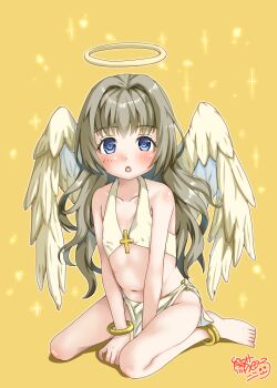 1girl angel angel_wings anklet bangle bare_shoulders barefoot blue_eyes bracelet brown_background cross feathered_wings full_body grey_hair hair_intakes halo highres jewelry kumaneko_rococo loli long_hair looking_at_viewer navel open_mouth original simple_background sitting solo very_long_hair wariza white_wings wings