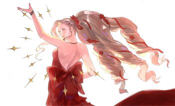 Rule 34 | 1girl, aerith gainsborough, aerith gainsborough (red dress), armlet, back bow, backless dress, backless outfit, bare shoulders, bow, bracelet, breasts, brown hair, commentary, dress, final fantasy, final fantasy vii, final fantasy vii remake, flamenco dress, flower, fumelex, gold armlet, hair flower, hair ornament, hair ribbon, hand up, highres, jewelry, light smile, long dress, long hair, looking at viewer, medium breasts, necklace, official alternate costume, ponytail, red dress, red flower, red ribbon, ribbon, ringlets, sidelocks, solo, sparkle, strapless, strapless dress, untranslatable commentary, upper body, white background