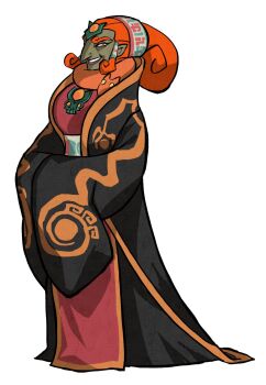 1girl aquiline_nose black_robe dancho_no_mori dimple forehead_jewel full_body ganondorf gem genderswap genderswap_(mtf) gerudo hands_in_opposite_sleeves highres long_hair looking_at_viewer mature_female nintendo nose orange_gemstone orange_hair orange_scarf pointy_ears robe scarf sidelocks simple_background smile solo the_legend_of_zelda the_legend_of_zelda:_the_wind_waker white_background yellow_eyes