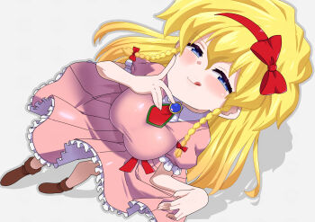 1girl blonde_hair blue_eyes blush bow braid breasts castlevania:_rondo_of_blood castlevania_(series) commentary_request dress hair_bow hairband highres large_breasts long_hair looking_at_viewer maria_renard naughty_face pink_dress smile solo toku_sonchou twin_braids very_long_hair