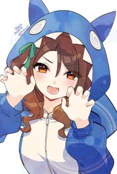 Rule 34 | 1girl, animal costume, animal ears, blush, bow, breasts, brown hair, claws, commentary request, ear covers, fang, green bow, hood, hood up, horse ears, horse girl, king halo (umamusume), koruri, long hair, looking at viewer, open mouth, red eyes, skin fang, smile, solo, umamusume