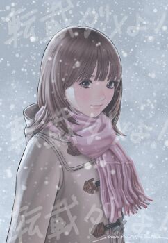 1girl brown_eyes brown_hair closed_mouth coat commentary_request highres i"s katsura_masakazu lips long_hair looking_at_viewer official_art scarf signature smile snowing solo winter_clothes winter_coat yoshizuki_iori