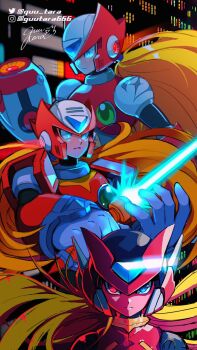1boy age_progression android arm_cannon armor blonde_hair blue_eyes cityscape clenched_hand closed_mouth commentary_request energy_sword gloves guutara helmet heterochromia highres holding holding_sword holding_weapon instagram_logo instagram_username long_hair looking_at_viewer looking_to_the_side male_focus mega_man_(series) mega_man_x_(series) mega_man_zero_(series) ponytail red_armor red_eyes red_helmet robot_ears shoulder_armor signature solo sword twitter_logo twitter_username weapon white_gloves z_saber zero(z)_(mega_man) zero_(mega_man)