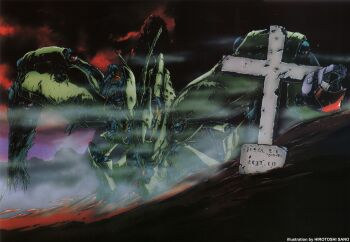 1980s_(style) 1990s_(style) absurdres after_battle anavel_gato artist_name beam_cannon cable cross defeat destruction dirty english_text fog good_end grave gundam gundam_0083 helmet highres machinery mecha mecha_focus mobile_armor neue_ziel night no_humans oldschool retro_artstyle robot sano_hirotoshi scan science_fiction space_helmet spoilers tombstone traditional_media wreckage zeon