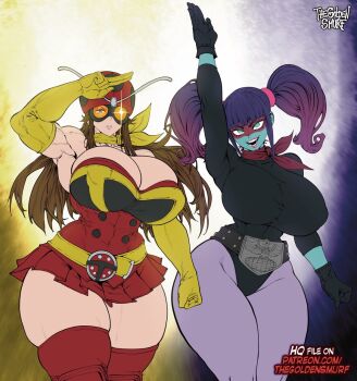 2girls alternate_breast_size_(larger) arm_up armpits bare_shoulders belt biceps black_leotard blue_skin breasts brown_hair cleavage clenched_hand clenched_hands colored_skin curvy elbow_gloves electro_wave_human_tackle gloves goggles green_eyes helmet highleg highleg_leotard huge_breasts kamen_rider leotard lips long_hair looking_at_viewer miniskirt multiple_girls muscular muscular_female okada_yuriko pantyhose purple_hair revealing_clothes salute scarf serious shocker_(kamen_rider) skindentation skirt smile standing the_golden_smurf thick_thighs thighhighs thighs toujima_tanzaburou_wa_kamen_rider_ni_naritai twintails wide_hips yukarisu