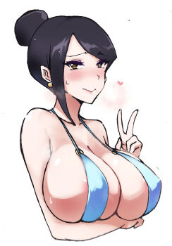 1girl absurdres areola_slip arm_under_breasts asymmetrical_bangs bare_shoulders bijin_onna_joushi_takizawa-san bikini black_hair blush bolobolo breasts cleavage collarbone earrings embarrassed hair_bun hear heart heart-shaped_pupils highres huge_breasts jewelry long_bangs looking_at_viewer mole mole_under_mouth parted_bangs plunging_neckline sideboob simple_background slingshot_swimsuit smile solo swimsuit symbol-shaped_pupils takizawa_kyouko upper_body v wavy_mouth white_background yellow_eyes