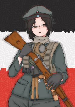 1girl absurdres bolt_action brown_eyes brown_hair charm_(object) explosive german_army german_empire grenade gun handgun highres holding holding_weapon kafka_(honkai:_star_rail) load_bearing_vest mauser_98 mauser_c96 military military_uniform rafael_(rafa_w73) rifle shenhe_(genshin_impact) stielhandgranate weapon world_war_i