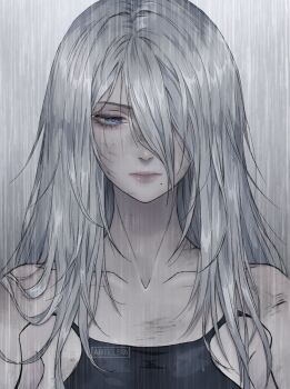 1girl a2_(nier:automata) absurdres android artelsia artist_name bare_shoulders blue_eyes closed_mouth collarbone commentary dirty dirty_face eyelashes grey_hair hair_over_one_eye highres joints lips long_hair mole mole_under_mouth nier:automata nier_(series) pink_lips rain robot_joints solo straight-on upper_body wet wet_hair