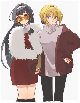 2girls absurdres astra_yao black_gloves black_hair black_pants blonde_hair blunt_bangs capelet dress evelyn_chevalier fur-trimmed_capelet fur_trim gloves hair_intakes hairband highres jacket long_hair multiple_girls pants purple_eyes red_dress red_eyes red_jacket smile sun_(knp_ta1y0) sunglasses sweater white_background white_hairband white_sweater zenless_zone_zero