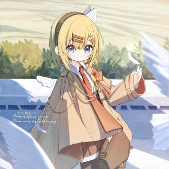 1girl black_hairband black_pantyhose blonde_hair brown_bag brown_coat brown_skirt closed_mouth coat collared_shirt feathered_wings hair_between_eyes hair_ornament hairband hairclip long_sleeves necktie original pantyhose parallel_hairclips pleated_skirt purple_eyes red_necktie shirt short_hair skirt sleeves_past_wrists solo watermark white_shirt white_wings wings yuuhagi_(amaretto-no-natsu)