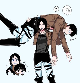 1boy 1girl ? animal_ears assertive_female bertolt_hoover black_hair breasts brown_jacket chibi chibi_inset cropped_jacket dog_ears dog_tail flying_sweatdrops freckles grey_shirt highres icelandcrow jacket kemonomimi_mode low_ponytail medium_breasts military_jacket pants parted_bangs parted_lips ponytail shingeki_no_kyojin shirt short_hair spoken_question_mark sweatdrop tail three-dimensional_maneuver_gear white_pants wide-eyed ymir_(shingeki_no_kyojin)