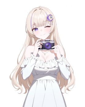 1girl ahoge bare_shoulders blonde_hair breasts camera cleavage commission crescent crescent_hair_ornament dress frilled_dress frills hair_ornament highres holding holding_camera jewelry large_breasts long_hair long_sleeves looking_at_viewer multicolored_hair necklace off-shoulder_dress off_shoulder original simple_background solo streaked_hair upper_body white_background white_dress ysoa26