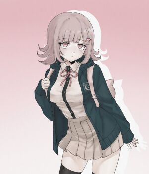 1girl animal_bag bata910101 breasts brown_hair brown_skirt cat_bag collared_shirt commentary danganronpa_(series) danganronpa_2:_goodbye_despair flipped_hair hair_ornament hood jacket long_sleeves looking_at_viewer medium_hair nanami_chiaki neck_ribbon open_clothes open_jacket pink_bag pink_eyes pink_ribbon ribbon shirt skirt solo symbol-only_commentary thighhighs two-tone_shirt white_shirt
