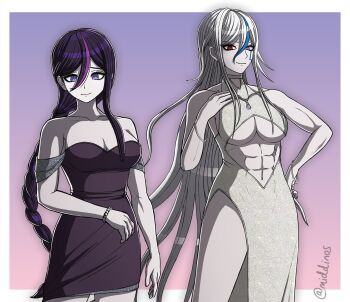 2girls a_beautiful_man_(middinos) abs blue_hair blue_streaks border braid breasts clothing_cutout commentary dress english_commentary eva_(hundred_line) facial_mark gradient_background heterochromia highres jewelry large_breasts long_hair multicolored_hair multiple_girls necklace pink_hair pink_streaks purple_dress purple_eyes purple_hair red_eyes siblings side_slit sisters sleeveless sleeveless_dress smile streaked_hair the_hundred_line_-last_defense_academy- toned toned_female twitter_username v&#039;ehxness white_border white_dress white_hair