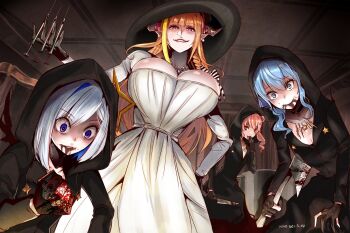 4girls alcina_dimitrescu alcina_dimitrescu_(cosplay) alternate_costume amane_kanata anemachi artist_name asymmetrical_hair axe bela_dimitrescu bela_dimitrescu_(cosplay) black_dress black_gloves black_headwear blonde_hair blood blood_from_mouth blood_on_face blood_on_hands bloody_weapon blue_eyes blue_hair blunt_bangs breasts brown_eyes bursting_breasts cassandra_dimitrescu cassandra_dimitrescu_(cosplay) ceiling cleavage clenched_hand collarbone colored_inner_hair commentary cosplay crazy_eyes crazy_smile daniela_dimitrescu daniela_dimitrescu_(cosplay) dated dragon_horns dress earrings english_commentary gloves hair_ornament hand_to_own_mouth hat hatchet hatchet_(axe) highres holding holding_axe hololive hood horns hoshimachi_suisei huge_breasts jewelry kiryu_coco kivo knife long_hair multicolored_eyes multicolored_hair multiple_girls necklace orange_hair partially_fingerless_gloves pink_hair pointy_ears purple_eyes red_eyes resident_evil resident_evil_village short_hair signature silver_hair small_breasts smile star_(symbol) star_hair_ornament star_necklace streaked_hair syringe two-tone_hair virtual_youtuber wavy_hair weapon white_dress