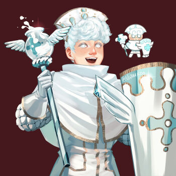 Rule 34 | 1boy, :d, blue gem, blush, brown background, capelet, colored eyelashes, commentary, cookie run, curly hair, earrings, elbow gloves, english commentary, freckles, from below, gem, gloves, gold trim, hair behind ear, hands up, hat, holding, holding shield, holding staff, humanization, jacket, jewelry, lips, long sleeves, looking at viewer, male focus, milk, milk cookie, nijuuni, official art inset, open mouth, puffy long sleeves, puffy sleeves, realistic, reference inset, shield, short hair, simple background, smile, solo, sparkle, staff, stud earrings, teeth, twitter username, upper body, upper teeth only, very short hair, white capelet, white eyelashes, white eyes, white gloves, white hair, white hat, white jacket