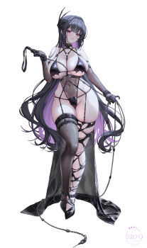 1girl absurdres bare_shoulders black_gloves black_hair black_leotard black_thighhighs blush breasts elbow_gloves full_body gloves goddess_of_victory:_nikke hair_ornament highleg highleg_leotard highres holding large_breasts leotard long_hair mihara_(bonding_chain)_(nikke) mihara_(nikke) mismatched_thighhighs parted_lips purple_eyes simple_background solo standing subong thighhighs thighs torn_clothes torn_thighhighs white_background