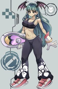 1girl ando606mph bare_shoulders black_pants black_tank_top breasts cleavage cosplay cropped_shirt darkstalkers demon_girl demon_wings full_body gloves green_eyes green_hair grey_background head_wings highres holding hoverboard large_breasts morrigan_aensland pants rouge_the_bat rouge_the_bat_(cosplay) simple_background solo sonic_(series) sonic_riders_(series) tank_top white_gloves wings