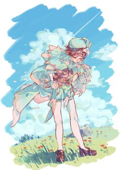 1boy androgynous aqua_gem aqua_hair artist_name baggy_shorts banthyo_hiyo belt beret black_hair blue_sky border bow bowtie braid brown_belt brown_bow brown_bowtie brown_corset brown_shoes buttons cape closed_eyes closed_mouth clothes_lift cloud cloudy_sky commentary corset day feathers floating_cape floating_hair flower full_body gem genshin_impact gradient_hair grass green_cape green_shorts hair_between_eyes hand_up hat hat_flower hat_ornament highres holding holding_flower jewelry leaf leaf_hat_ornament long_sleeves male_focus multicolored_hair outdoors outside_border pantyhose pendant puffy_long_sleeves puffy_sleeves red_flower rock shadow shirt shoes short_hair shorts sky smile solo standing striped_bow striped_bowtie striped_clothes symbol-only_commentary tree twin_braids two-sided_cape two-sided_fabric two-tone_hair venti_(genshin_impact) vision_(genshin_impact) white_border white_feathers white_flower white_pantyhose white_shirt yellow_cape