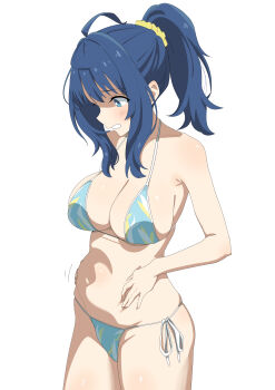 1girl absurdres bikini blue_bikini blue_eyes blue_hair breasts commentary_request highres large_breasts make_heroine_ga_oo_sugiru! medium_hair navel plump ponytail segawithcapcom side-tie_bikini_bottom sidelocks simple_background solo swimsuit weight_conscious white_background yanami_anna
