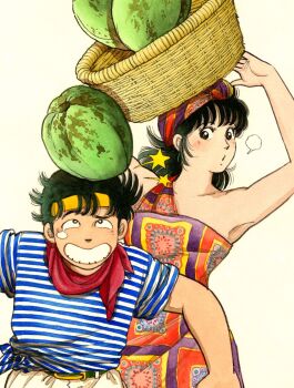 Rule 34 | 1boy, 1girl, armpits, arms up, bandana, bandana around neck, bare arms, bare shoulders, basket, basket on head, belt, belt buckle, black eyes, black hair, blue shirt, brown pants, buckle, clumsy, coconut, coconuts ave., commentary request, doumoto gokurou, dress, dropping, green belt, grin, hairband, headscarf, highres, hiiragi misa (coconuts ave.), looking at another, looking up, medium hair, miura mitsuru, object on head, official art, orange dress, pants, parted lips, puff of air, red bandana, shirt, short hair, short sleeves, simple background, single strap, single tear, sleeveless, sleeveless dress, sleeves rolled up, smile, star (symbol), striped clothes, striped shirt, tied shirt, turban, white background, yellow hairband