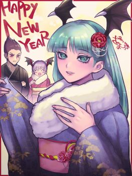 Rule 34 | 1boy, 2girls, artist name, black kimono, blunt bangs, commentary request, darkstalkers, demitri maximoff, demon wings, floral print, floral print kimono, flower, fur-trimmed kimono, fur trim, green eyes, green hair, hair flower, hair ornament, happy new year, head wings, highres, japanese clothes, kimono, lilith (darkstalkers), looking at viewer, morrigan aensland, multiple girls, new year, pink hair, print kimono, purple kimono, red eyes, red kimono, short hair, skm nnm, smile, wide sleeves, wings