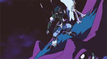 1boy 1girl animated animated_gif anime_screenshot armor ass ass_focus bat_wings blue_skin boots bumping butt_bump collarbone colored_skin digimon digimon_frontier digimon_frontier:_kodai_digimon_fukkatsu!! fairimon fairy_wings fangs floating gloves hip_attack hip_focus kicking mask murmukusmon night panties pov purple_hair purple_panties screencap shoulder_armor thigh_boots thighhighs underwear violence visor_(armor) wings