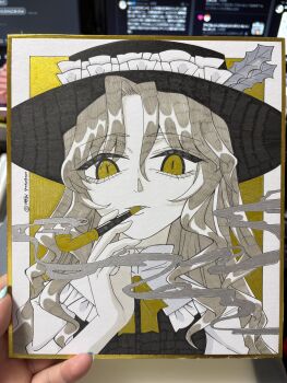 1girl absurdres artist_name black_hat black_vest blonde_hair commentary_request dated dolls_in_pseudo_paradise eyes_visible_through_hair hat hat_feather highres hmr_rk holding holding_smoking_pipe jacket_girl_(dipp) long_hair looking_at_viewer neck_ribbon photo_(medium) portrait ribbon shikishi shirt smoke smoking_pipe solo straight-on touhou traditional_media vest white_shirt yellow_eyes yellow_ribbon