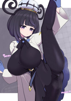 1girl belt black_dress black_hair blue_gloves bob_cut breasts cameltoe coat dress gloves gwynn_(pokemon) hanauna hat highres holding_own_leg huge_breasts leg_hold leg_up looking_at_viewer nintendo pokemon pokemon_legends:_z-a purple_eyes short_hair solo split standing standing_on_one_leg standing_split sweat white_coat