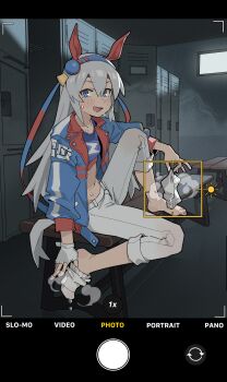 1girl animal_ears barefoot blue_eyes blush eflo_(794753336) feet highres horse_ears horse_girl locker locker_room long_hair looking_at_viewer open_mouth socks steam sweat tamamo_cross_(umamusume) toes umamusume unworn_socks viewfinder white_hair white_socks