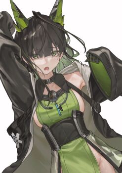 1girl absurdres animal_ears arknights bare_shoulders belt black_gloves black_hair black_jacket breasts cat_ears colored_inner_hair commentary crystal_horns dress gloves green_dress green_eyes green_hair green_streaks highres jacket long_hair long_sleeves looking_at_viewer mon3tr_(arknights) multicolored_hair off-shoulder_jacket off_shoulder sideboob simple_background solo thigh_belt thigh_strap white_background yueyue_no_hand