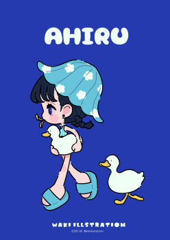Rule 34 | 1girl, animal, bare arms, bare shoulders, bikini, bird, black hair, blue background, blue eyes, blue hat, blue sandals, braid, chibi, commentary, dated, duck, earrings, english commentary, from side, hat, highres, jewelry, low twintails, neki (wakiko), original, plaid bikini, plaid clothes, pringle duck, profile, romaji text, sandals, simple background, solo, stud earrings, swimsuit, translation request, tulip hat, twin braids, twintails, twitter username, walking