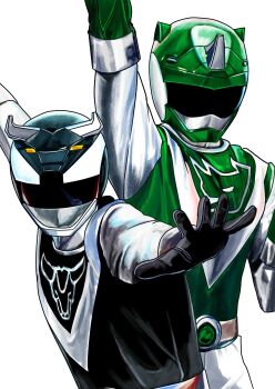 2boys 4ze_meteor absurdres arm_up black_bodysuit black_helmet bodysuit character_request choujuu_sentai_liveman cowboy_shot green_bodysuit green_helmet group_pose helmet highres male_focus multiple_boys simple_background super_sentai tokusatsu white_background