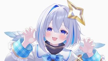 1girl :3 :d absurdres amane_kanata amane_kanata_(1st_costume) angel_wings blue_bow blue_bowtie blue_eyes blue_hair blush bow bowtie claw_pose colored_inner_hair feathered_wings frilled_sleeves frills fuminshou_(nekopan_art) grey_hair hair_between_eyes hair_intakes halo highres hololive jacket multicolored_hair open_mouth pink_hair plaid_clothes plaid_sleeves sailor_collar short_hair sidelocks simple_background smile solo star_halo streaked_hair upper_body virtual_youtuber white_background white_jacket white_sailor_collar white_wings wings