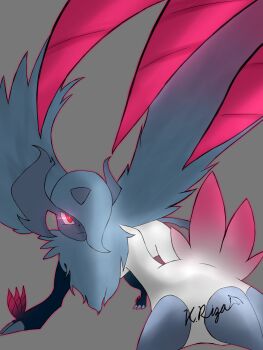 Rule 34 | :3, absol, animal focus, bright pupils, claws, closed mouth, feathered wings, feathers, forehead jewel, gen 3 pokemon, glowing, glowing eyes, grey background, highres, horns, mega absol, mega pokemon, nintendo, pokemon, pokemon (creature), pokemon focus, red eyes, smile, solo, standing, uchikki riza, white pupils, wings