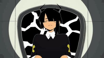 1other ambiguous_gender android animated animated_gif black_hair black_sweater closed_eyes cruormor english_text four_eyes ghost_and_pals horns parody purple_hype_(song) qualia_automata reckless_battery_burns scene_reference shrugging spotlight sweater tail tamari_(team6x111) team6x111 yellow_eyes