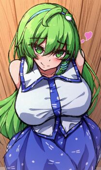 1girl absurdres arms_behind_back bare_shoulders blue_hairband blue_skirt blush breasts collared_shirt commentary_request frog_hair_ornament green_eyes green_hair hair_ornament hair_tubes hairband heart heart-shaped_pupils highres huge_breasts kochiya_sanae long_hair looking_at_viewer polka_dot shirt sidelocks single_hair_tube skirt smile snake_hair_ornament solo symbol-shaped_pupils touhou upper_body very_long_hair yosshy