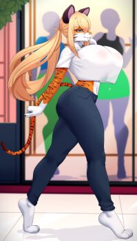 1girl absurdres animal_ears animal_feet ass blue_eyes blurry blurry_background breasts crop_top crop_top_overhang denim display fangs furry furry_female highres huge_breasts jeans karmanseph light_smile long_hair mannequin navel nipples outdoors pants see-through_clothes see-through_shirt shirt shop short_sleeves snout standing tail thick_thighs thighs tiger_ears tiger_girl tiger_stripes tiger_tail walking white_shirt