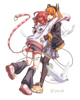 2girls a.i._voice adachi_rei ahoge alternate_costume bird black_gloves black_jacket black_shorts black_thighhighs blush detached_wings drill_hair eye_contact face-to-face feathers fingerless_gloves gloves grey_skirt hair_ornament hairband hashtag-only_commentary highres hood hoodie hug jacket kasane_teto long_sleeves looking_at_another loose_socks multiple_girls one_side_up open_mouth orange_eyes orange_hair orange_shoes parted_lips qiukui red_eyes red_hair red_shoes shoes shorts simple_background skirt sleeves_past_fingers sleeves_past_wrists smile sneakers socks standing standing_on_one_leg tail thighhighs twin_drills twitter_username utau white_background white_hoodie wings x_hair_ornament yuri