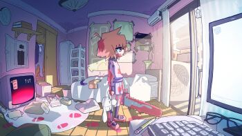 Rule 34 | 1girl, absurdres, ahoge, analog clock, black-framed eyewear, black socks, blonde hair, blood, blood on clothes, blood on face, blood on hands, bloody footprints, bloody weapon, book, book stack, brown shoes, chainsaw, clock, computer keyboard, crt, famicom, from side, game console, glasses, highres, holding, holding chainsaw, indoors, instrument, long sleeves, monitor, parted lips, pencil, purple eyes, purple sweater, saghaley, shoes, short hair, sidelocks, silk, socks, solo, spider web, standing, sweater, teruterubouzu, trombone, turtleneck, turtleneck sweater, unworn eyewear, urotsuki, wall clock, weapon, yume 2kki
