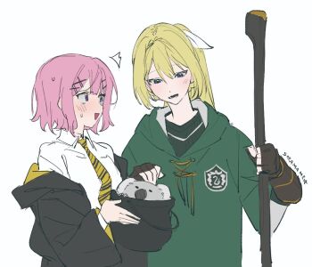 2girls ^^^ amaori_renako artist_name blonde_hair blush broom hair_ornament holding holding_broom koala multiple_girls nape_braid ouzuka_mai pink_hair ponytail simple_background soramame_(corndog) sweatdrop watashi_ga_koibito_ni_nareru_wake_naijan_murimuri! wizarding_world x_hair_ornament