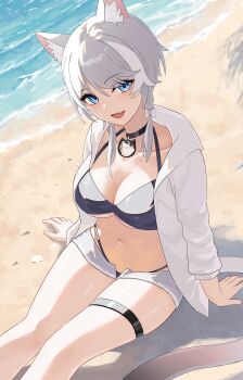 Rule 34 | 1girl, absurdres, alternate costume, anima miko, animal ear fluff, animal ears, bikini, blue eyes, bow, braid, breasts, cat ears, cat girl, cat tail, choker, cipher (honkai: star rail), cleavage, commentary, grey hair, hair bow, highres, honkai: star rail, honkai (series), large breasts, looking at viewer, mole, navel, open clothes, open mouth, open shorts, shorts, side braid, sitting, solo, swimsuit, tail, thigh strap, white streaks