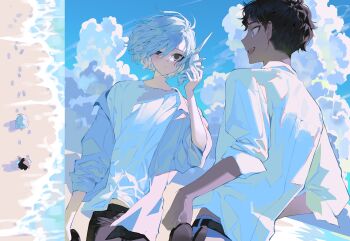 2boys :d absurdres bags_under_eyes beach black_eyes black_hair blue_eyes blue_sky cloud cloudy_sky conch curly_hair dark-skinned_male dark_skin day dungeon_meshi elf floating_hair footprints from_above grey_hair hair_between_eyes hair_over_one_eye highres holding holding_shell jacket kabru lazy_eye looking_at_another male_focus maratang mithrun multiple_boys open_clothes open_jacket open_mouth outdoors pants pointy_ears sand seashell shell shirt shore short_hair sky smile split_screen uneven_eyes water wavy_hair white_shirt