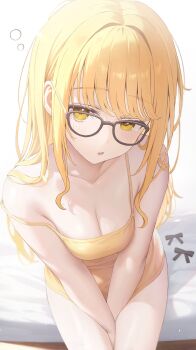 1girl air_bubble arms_between_legs bed_sheet bespectacled black-framed_eyewear blonde_hair blush breasts bubble camisole cleavage collarbone commentary_request drooling fang from_above fujita_kotone gakuen_idolmaster glasses hair_intakes hibimaru highres idolmaster long_hair looking_at_viewer medium_breasts mouth_drool no_pants on_bed open_mouth sitting skin_fang solo spaghetti_strap squeans strap_slip tearing_up thighs yellow_camisole yellow_eyes