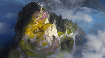 angel angel_wings cloud flower fog grass highres landscape mountain mountaintop original painterly path pine_tree purple_flower refiend road scenery signature statue sunlight tree wings