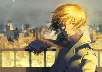 1boy absurdres akechi_gorou brown_coat brown_hair buttons city coat commentary_request double-breasted floating_hair floating_neckwear highres looking_at_viewer male_focus open_mouth pale_skin persona persona_5 plaid_clothes plaid_scarf railing red_eyes scarf trench_coat wind yoru_tsuki12