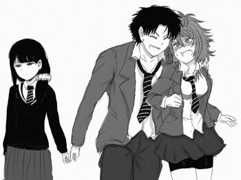 1boy 2girls aizawa_tomo blush breasts closed_eyes embarrassed greyscale gundou_misuzu hair_ornament hair_over_shoulder hair_scrunchie kubota_junichirou long_hair long_sleeves monochrome multiple_girls necktie official_style open_mouth school_uniform scrunchie striped_necktie tomboy tomo-chan_wa_onna_no_ko viperxtr wavy_mouth