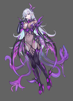 1girl absurdres black_sclera bodysuit breasts claws colored_sclera commentary_request commission dark_persona demon_girl demon_horns demon_tail demon_wings disdain elbow_gloves fingernails frown full_body gloves grey_background grey_hair highres horns latex latex_bodysuit long_fingernails long_hair looking_at_viewer low_wings medium_breasts original purple_eyes pussy second-party_source see-through_bodysuit see-through_clothes sharp_fingernails shen_hai_ichigo shiny_clothes solo tail tentacles thighhighs variant_set very_long_hair wings